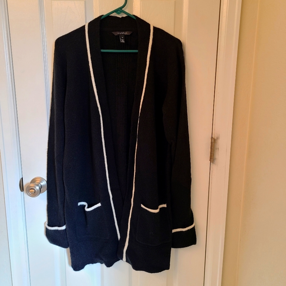 Long Tall Sally Black Cardigan with Cream Piping Detail, Size Medium